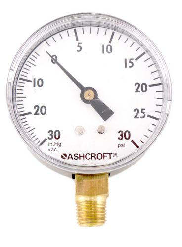 Ashcroft 2-1/2&#034; 0-30&#034;HgVAC 0-30PSI 1/4&#034;NPT Brass Lower Mount Pressure Gauge 2.5&#034;