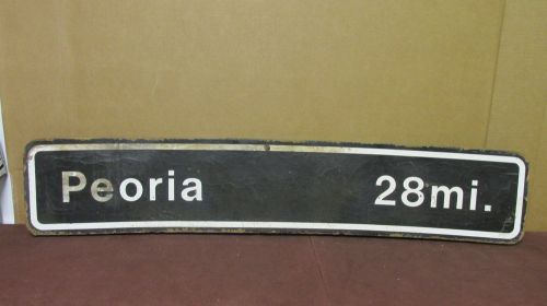 Vintage used wood press-board &#034;chicago -11mi. .. peoria - 28mi.&#034; road city sign for sale