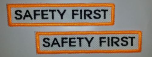 TWO Thin Embroidered Sew On Bar Patches Hot Orange -  SAFETY FIRST