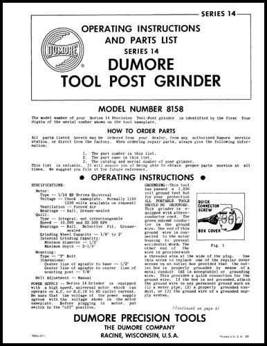 Dumore series 14 tool post grinder manual parts &amp; oper. for sale