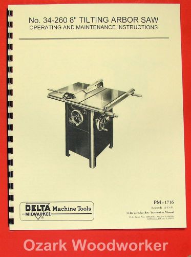 Delta no.34-260 jr 8&#034; tilting arbor saw parts manual 0217 for sale