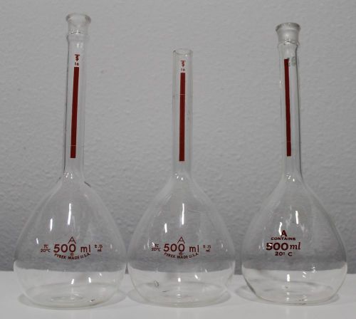 Lot of (3) PYREX Glass Class A TC 500mL Volumetric Flask Stopper