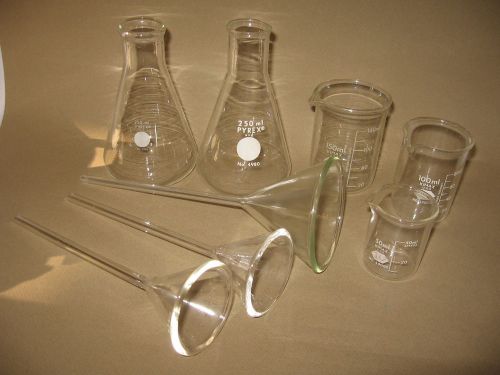 Lot of pyrex &amp; kimax laboratory glass beakers &amp; funnels for sale