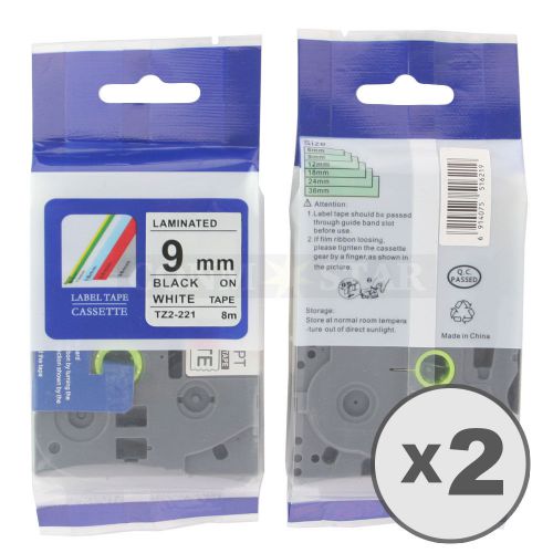 2pk white on black tape label for brother p-touch tz tze 221 9mm 3/8&#034; 26.2ft for sale