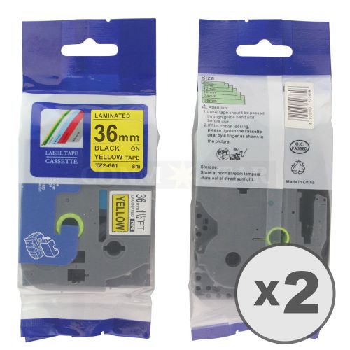 2pk Black on Yellow Tape Label for Brother P-Touch TZ TZe 661 36mm 1 1/2&#034; 26.2ft