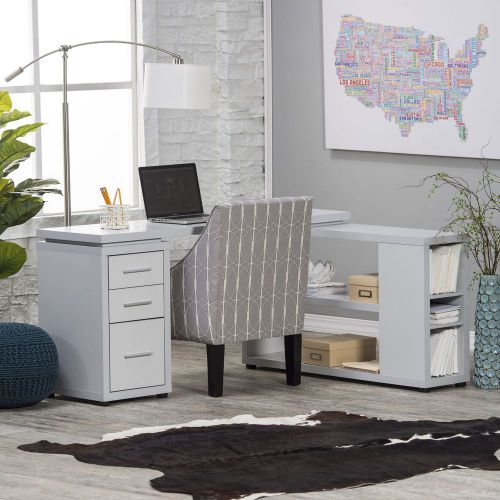 Gray L-Shaped Desk Indoor Home Living Office Furniture Study Storage Shelves Den