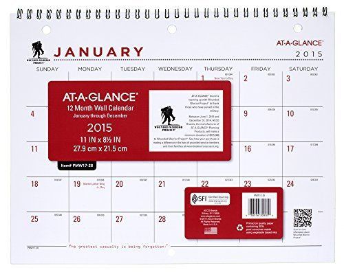 AT-A-GLANCE Wounded Warrior Project Monthly Desk Calendar 2015  Wirebound  11 x