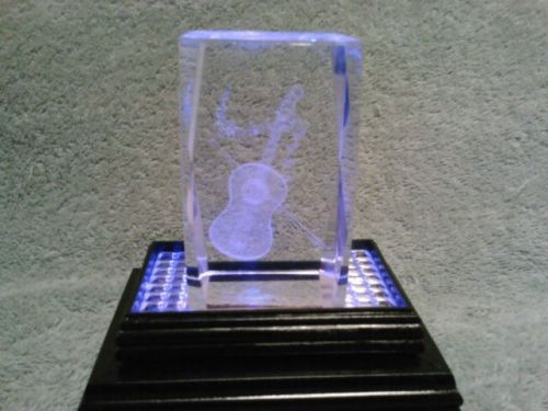 3&#034; guitar with music notes 3D Crystal with 2&#034;stand 3 LED Light Display RARE