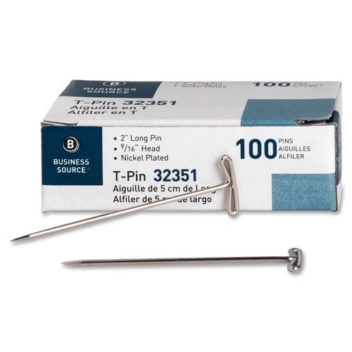 Business Source High Quality Nickel-finish T-Pin - 2&#034;Lx0.56&#034;W- 100/Bx- BSN32351