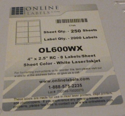Online Labels OL600WX White Matte 4&#034; X 2.5 250 Sheets or 2,000 Labels.