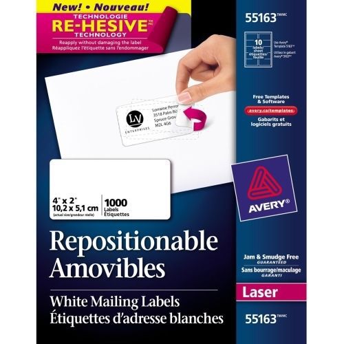 Avery Repositionable Mailing Label - 4&#034;Wx2&#034;L - 1000/Box - Laser -White