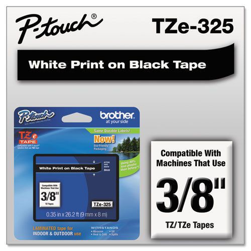 TZe Standard Adhesive Laminated Labeling Tape, 3/8w, White on Black