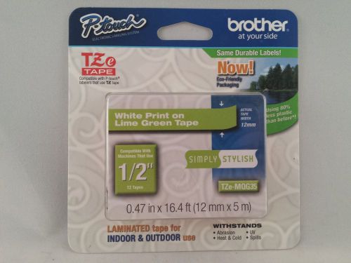 NEW Brother TZe-MQG35 P-Touch Label Tape 1/2&#034; White on Lime Green 12mm x 5m