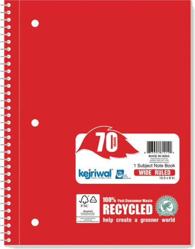 Kejriwal 100% Recycled 1 subject 70ct Spiral Note Book WR 10.5&#034; x 8&#034;