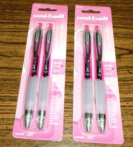 uni-ball Pink Ribbon 207 Retractable Black  Medium Point Gel Pens,( 2 x 2 Packs)