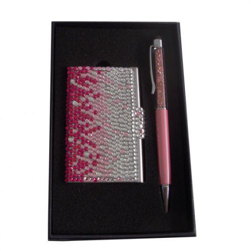 Crystal Business Card Case &amp; Stylus w/Crystal Stylus Pen Set W Gift Box(Pink)