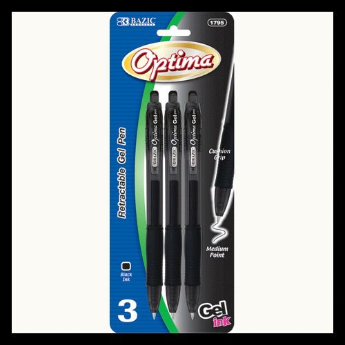 BAZIC Optima Black Retractable Gel Ink Pen w/ Grip (3/Pack), Case of 24