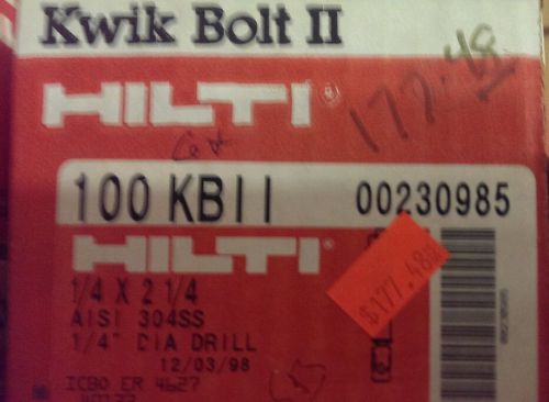 Hilti Stainless steel kwik bolt 2 wedge anchors 1/4 x 2 1/4 box of 100