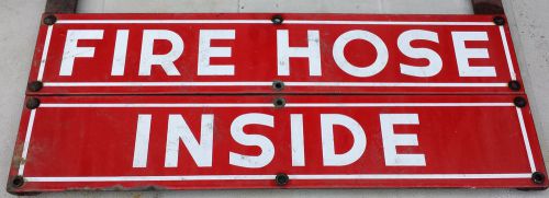 Vintage fire hose inside sign - red white porcelain sign industrial fireman for sale