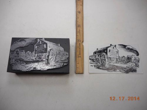 Letterpress Printing Printers Block, Old Fashion Watermill &amp; Town
