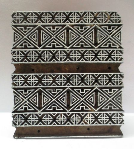 INDIAN WOODEN HAND CARVED TEXTILE PRINTING FABRIC BLOCK STAMP GEOMETRICAL DESIGN