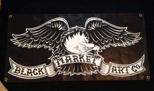 Black Market Art Co. Black White Eagle Vinyl Banner Metal Rivets 40&#034; x 20&#034;EUC