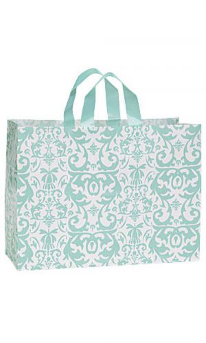 Large Aqua Damask Frosted Plastic Shopping Frosty Look Bag 100 Bags 16”x 6”x12”