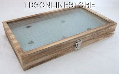 Rustic Antique Oak Color 144 Ring Glass Top Display Case Gray Insert