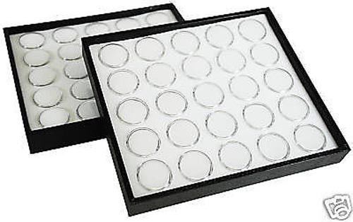 2 Gemstone Display Wood Trays Each With 25 White Gem Jars Storage Organizer