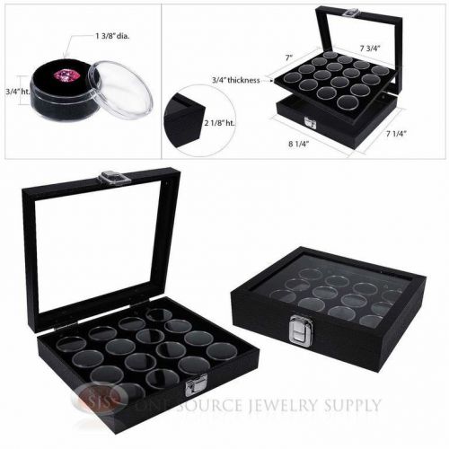 (2) Black 16 Gem Jar Inserts w/ Glass Top Display Cases Gemstone Storage Jewelry