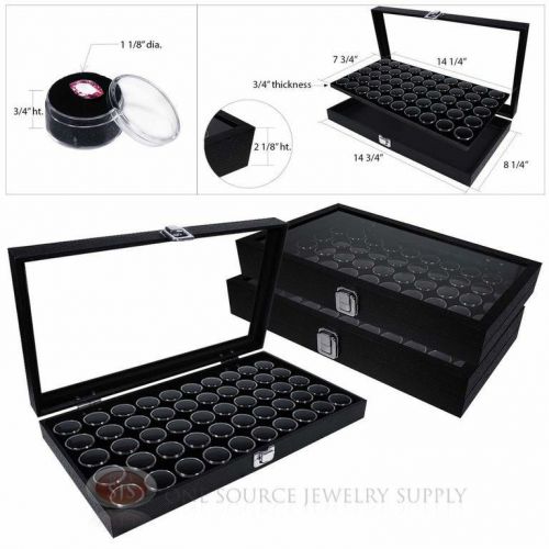 (3) black wooden glass top display cases w/ 3 black 50 gem jar gemstone inserts for sale