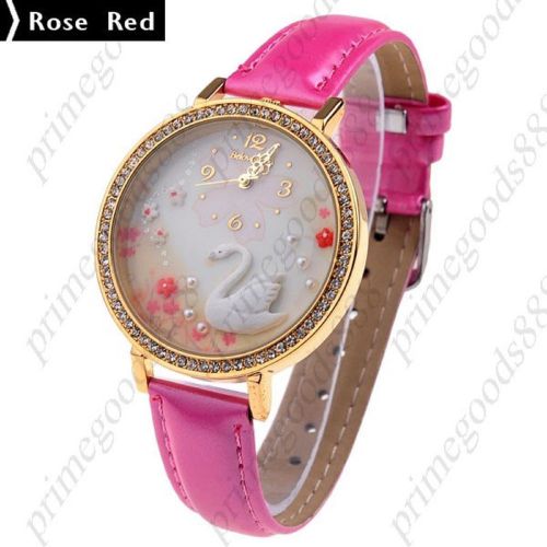 Swan Flower Flowers PU Leather Quartz Wrist Round Wristwatch Women&#039;s In Rose Red