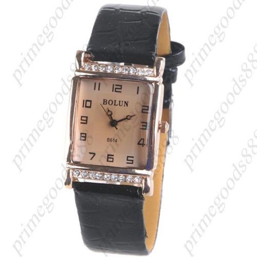Square PU Leather Rhinestones Wrist Quartz Lady Ladies Wristwatch Women&#039;s Black