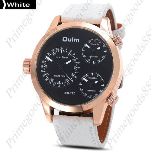 3 Time Zone Luxury Zones Sport Leather Quartz Wrist Wristwatch Men&#039;s White