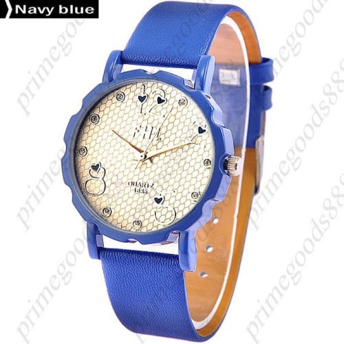Gear Round Analog PU Leather Lady Ladies Quartz Wristwatch Women&#039;s Navy Blue