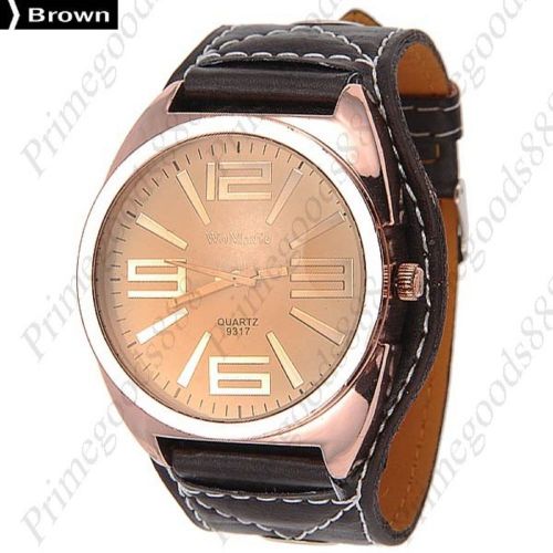 Large Wide PU Leather Analog Wrist Lady Ladies Quartz Wristwatch Women&#039;s Brown