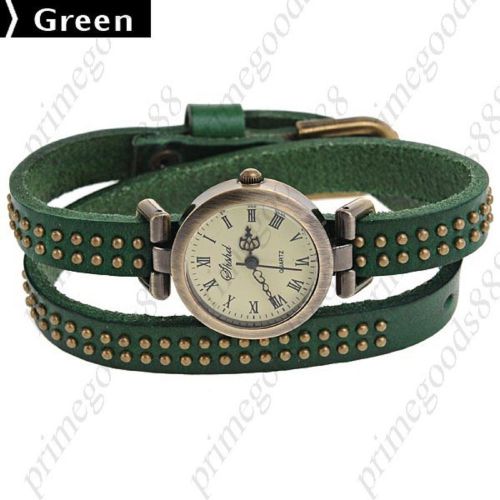 Pu leather quartz analog wrist bracelet watch bangle wristlet with rivet green for sale