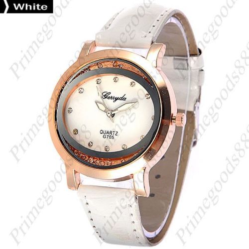Round rhinestones pu leather lady ladies analog quartz wristwatch women&#039;s white for sale
