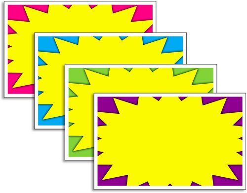 100 ASSORTED STARBURST STORE SIGNS: NEW! SIGNS/PRICING TAGS, 5.5&#034;x3.5&#034;