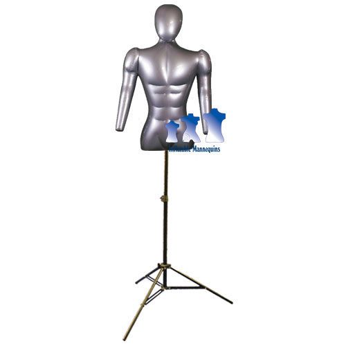 Inflatable Male Torso w/ Head &amp; Arms, Silver and MS12 Stand