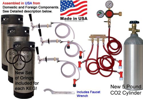 Home brew keg kit 3 tap with 3- 5 gallon kegs &amp;5 pound co2 (hk230p) 3 faucet for sale