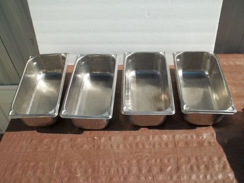 LOT OF 4 USED STAINLESS STEEL 1/3 HOTEL PANS 4&#034; DEEP FEW SCRATCHES DINGS GOOD
