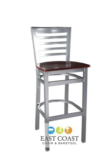New gladiator silver full ladder back restaurant bar stool w/ mahogany wood seat for sale
