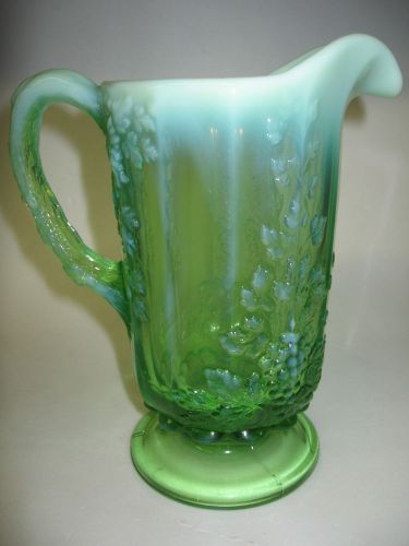 Green Opalescent Glass water serving Pitcher Grape and cable floral leaf Pattern