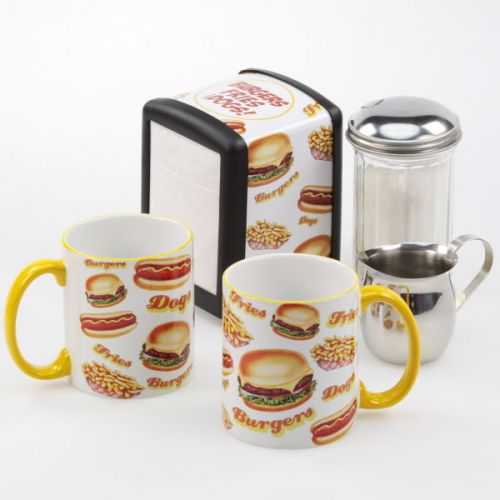 Burgers Fries Dogs Diner Napkin Dispenser Coffee Mugs Tabletop Gift Set
