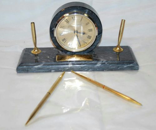 10&#034; REFLECTIONS GREY MARBLE DESK CLOCK AND PEN HOLDER
