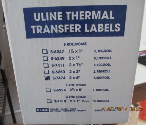 Uline S7474, 2&#034;x4&#034; Thermal Transfer Labels, 1 Case, 8 Rolls, 1400 per roll.