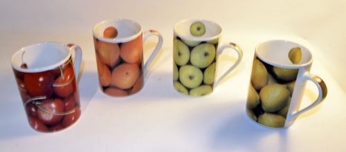 4 piece set Coffee Cups with Fruit Inside &amp; Out Orange Apple Citrus Cherry