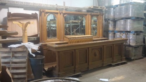 Oak 13 ft bar &amp; 12 ft columned mirrored back bar 16 taps carved lion head ornate for sale