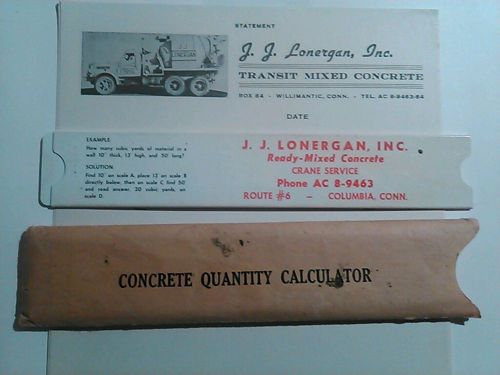 Vintage Concrete Quantity Calculator JJ Columbia CT Lonergan Willimantic Conn